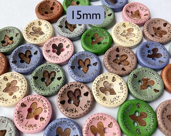 15mm Small Handmade with Love Heart Wood Buttons, 9 Colors, Sewing and Knitting Embellishments for Craft Projects