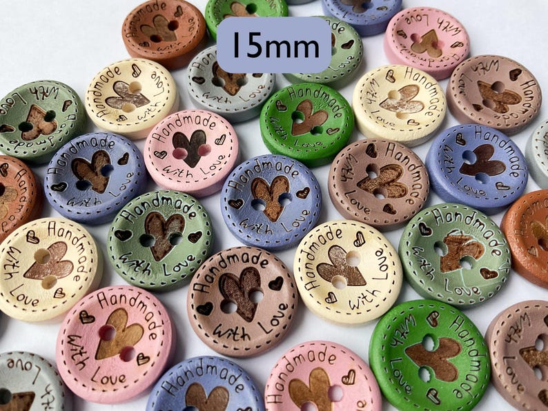 15mm Small Handmade with Love Heart Wood Buttons, 9 Colors, Sewing and Knitting Embellishments for Craft Projects image 1