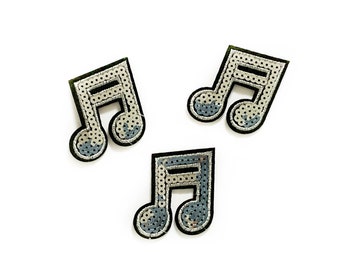 3 x Silver Music Note Patches - Sequin Iron on Music Patch -  5.5cm x 5.9cm