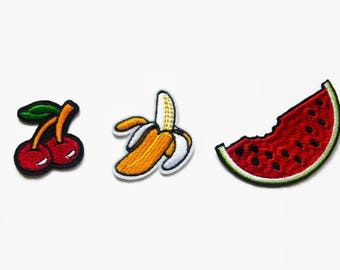 Retro Style Patch Set - 3 Tropische Patches - Wassermelone Aufnäher - Kirsch Badge Rockabilly Patch - Banane Aufbügler - Slot Machine Badges