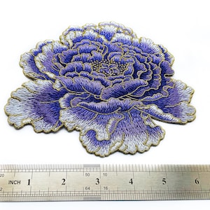 Large Flower Applique Purple - SEW ON Embroidered Flower in Purple & Gold - Floral Applique - Patch for Jackets - Gift for Nature Lover