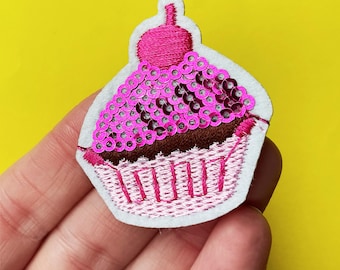 Pink Cupcake Patch with Sequins - Iron on Cake Badge
