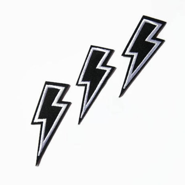 3 Lightning Bolt Patches - Iron on Black and White Applique Thunder Flash  3cm x 7cm