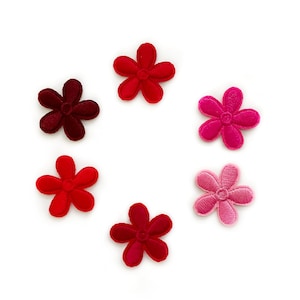 Può includere: Sei applicazioni in tessuto a forma di fiore, in tonalità di rosso e rosa, disposte a cerchio su sfondo bianco. Le applicazioni hanno cinque petali e sono adatte per lavori di artigianato o abbellimenti.