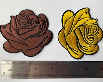 Yellow and Brown Rose Badge Iron On, 7.5cm x 6cm