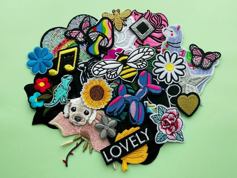 Embroidery patches of assorted designs in a gift pack. Designs include bees, llama, dog badges, cat patches, flower applique, iron on roses and many more