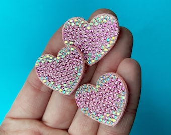 3pcs Rhinestone Pink Heart Applique Felt Patches - Sew on or Glue on