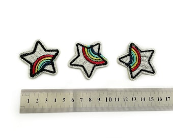 Rainbow Silver Star Patch with Glitter background Iron on - approx 4.7cm