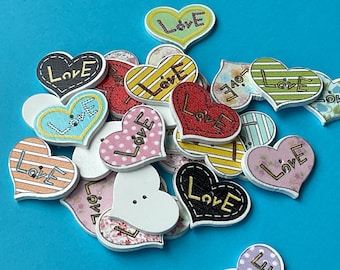 Love Heart Shaped Buttons Assorted Mix, Flat Back Valentine Themed