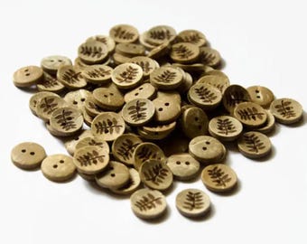 Más de 12 botones de cáscara de coco de 10 a 18 mm, botones de flores, material natural con patrón de hojas de plantas, pequeños botones de madera para proyectos de manualidades.
