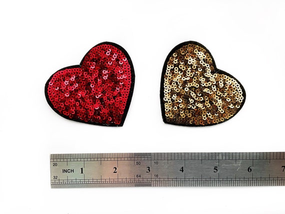 2 Sequin Heart Patches Iron on Patch Gold and Red Love Heart Applique -   Norway