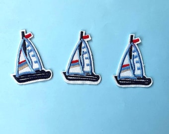 1+ Blue Sailing Yacht Patch, Iron on or Sew on, Small Ship Boat Badge