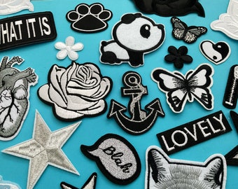 15/25 Patch Lot for DIY Denim Jacket - ,  Random mix of White, Grey and Silver Iron on Patches