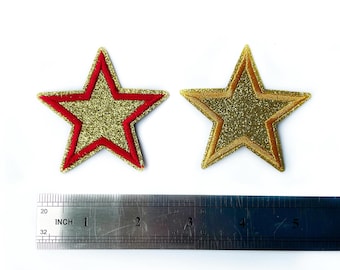 Gouden en rode glittersterpatch - Opstrijkbare glitterpatches Ster - gouden sterren met rood-gele gouden rand glinsterende appliqué - 6 cm