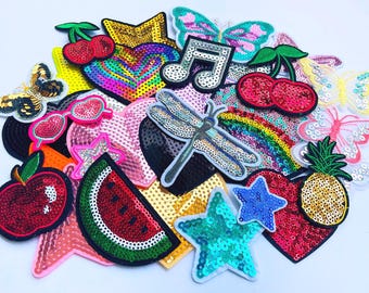 Sequin Patches Iron on - Sequined Embroidery Patch Sparkle - Festival Pride Jackets - 50+ Assorted Appliqué Designs