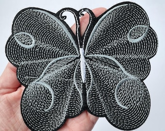 Large Butterfly Patch in Black and White Embroidery Thread, Iron on