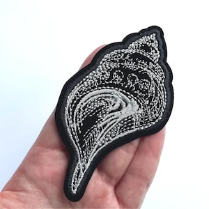 Seashell Patch Iron on - Embroidery Badge Sea Beach Theme - Black and Silver Patches