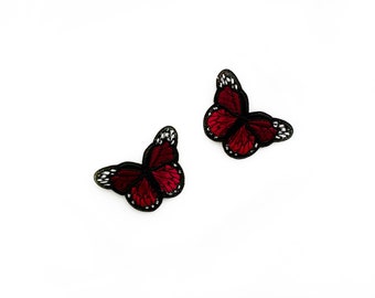 1 or 2 Small Dark Red Butterfly Embroidered Patches - Iron on Badges of Blood Red Butterfly - Maroon Colour Goth Patches in Gothic Style