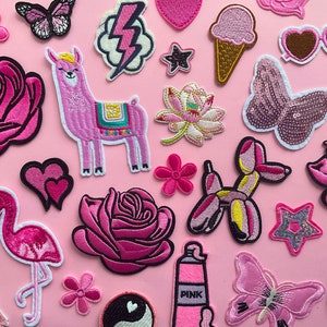 Example patches include pink roses, pink stars, pink llama, pink butterflies, sunglasses, lotus,lightbulb, OMG