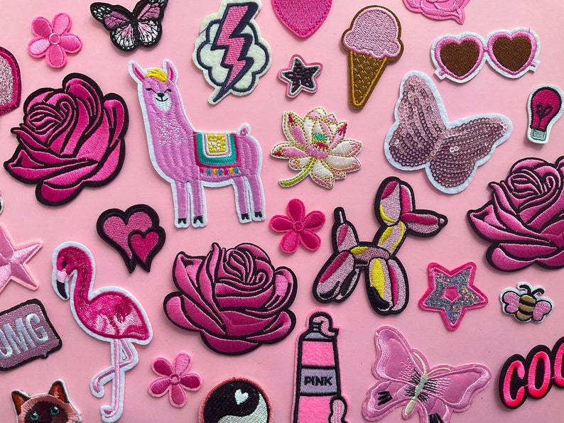 Example patches include pink roses, pink stars, pink llama, pink butterflies, sunglasses, lotus,lightbulb, OMG