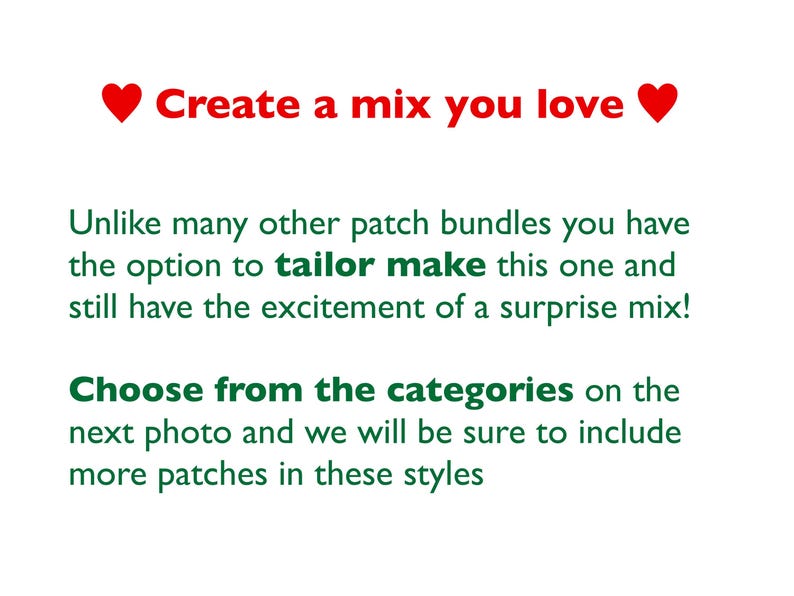 this surprise patch mix can be tailor made by choosing different styles of patches. application instructions are given making it an ideal gift for craft lovers, and thise wanting to update denim Jean jackets, clothing and accessories