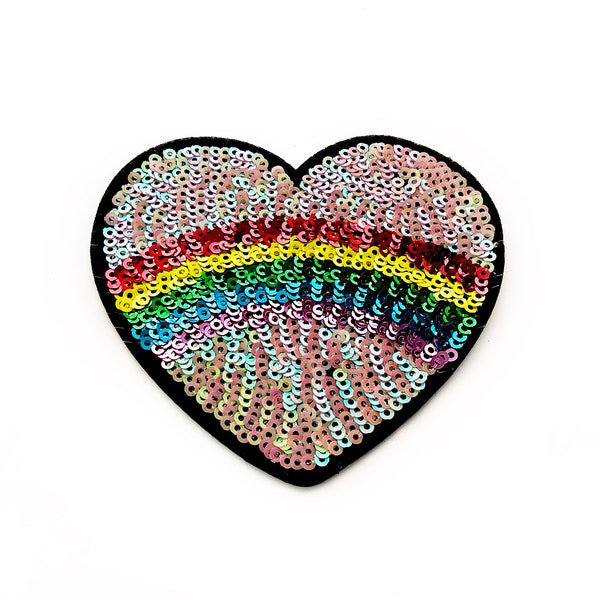 Rainbow Heart Patch - Silver Sequin Heart Pride LGBTQ heart Iron on Applique Accessories