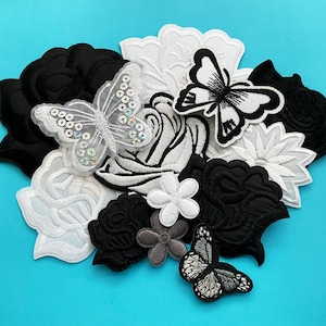 14 Black White Butterflies Flowers Patch Collection for Denim Jackets Silver & Grey Patches - Goth Patch Bundle of Roses and Butterflies