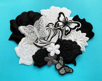 14 Black White Butterflies Flowers Patch Collection for Denim Jackets Silver & Grey Patches - Goth Patch Bundle of Roses and Butterflies