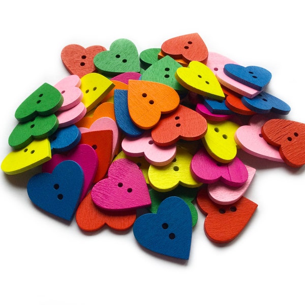 12-48 Heart Buttons Love Buttons Wooden Blue Heart Orange Heart Scrapbooking Heart Shaped Button Multi Colour Heart Yellow Button