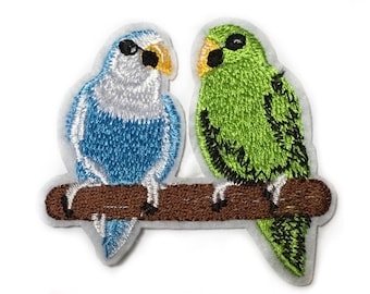 Parrot Patch - Iron On Badge - Love Birds Applique DIY Embroidered IronOn Patches Green and Blue Birds