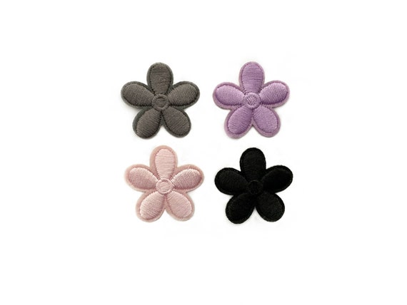 Set of 4 Small Simple Flower Patches 2.9cm Flowers in Gray , Light Pink ,  Lilac and Black Embroidery Iron on Patches DIY Upcycling Clothes 