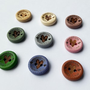 Small 3/5 inch wooden buttons for adding a heartfelt touch to handmade gifts.