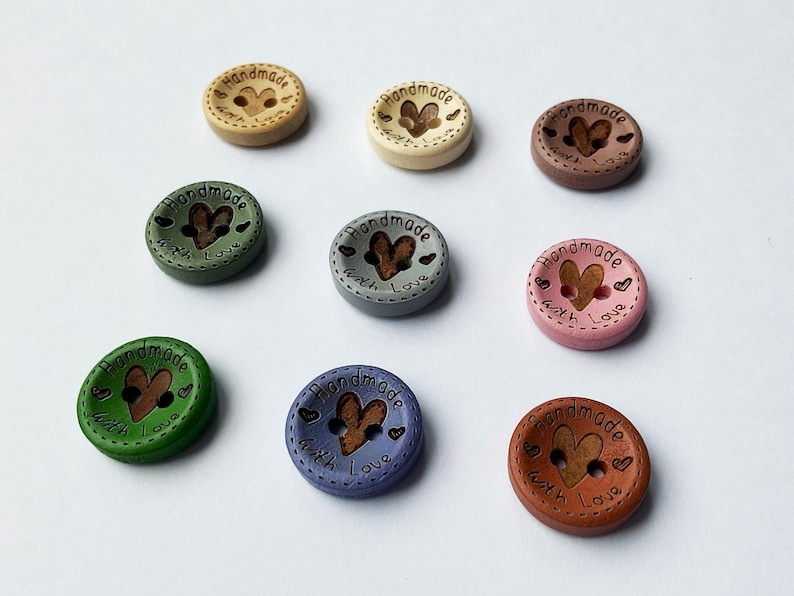 Small 3/5 inch wooden buttons for adding a heartfelt touch to handmade gifts.