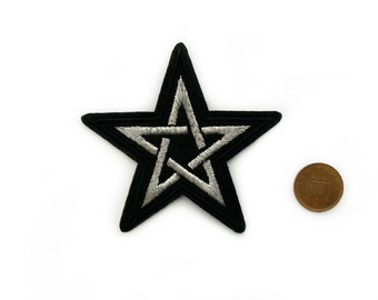 Silver Outline 5 Point Star Embroidered Patch - Iron on Black and Silver Badge