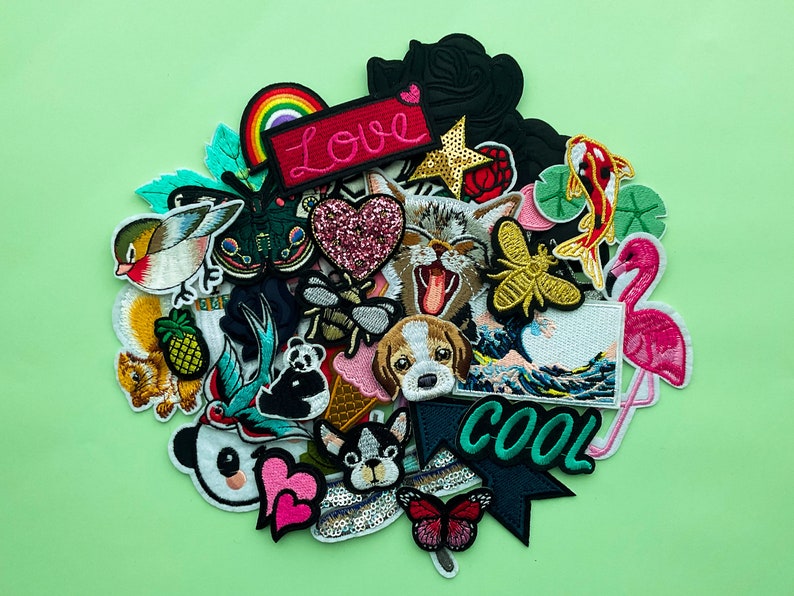 surprise Patch bundle where categories can be chosen such as birds, cute kawaii patches, terrier dog patch, flamingo, koi carp, black rose iron on, …