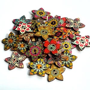 12+ Flower Shaped Wood Buttons, Assorted Designs