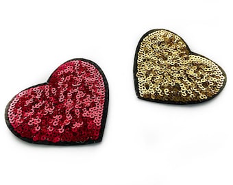 2 Sequin Heart Patches - Iron on Patch Gold And Red Love Heart Applique