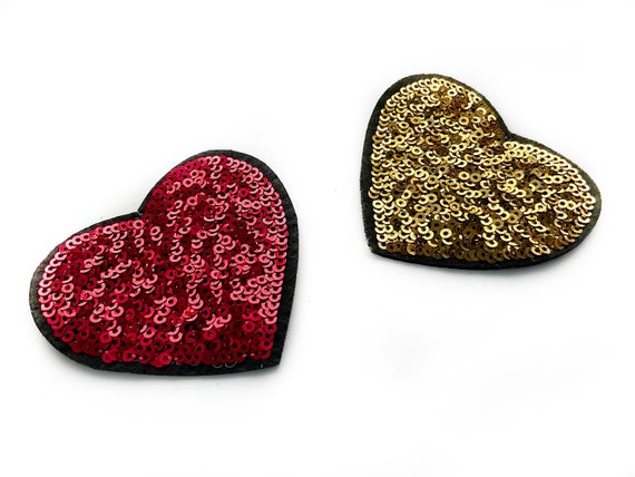 2 Sequin Heart Patches Iron on Patch Gold and Red Love Heart Applique 