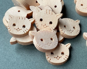 Kitten Buttons, Wooden Cat Sewing Buttons for Knitting and Crafts, Natural Finish