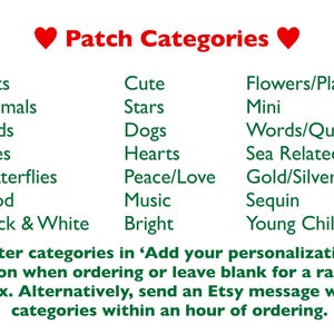 May include: A list of categories for iron-on patches, including animals, flowers, words, and more. The text reads "Patch Categories" with a red heart on each side.