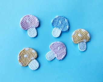 Little Pastel Mushroom Applique Patches : Set of 5, Baby Blue, Baby Pink and Yellow