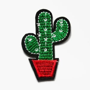 May include: An embroidered green cactus with a red pot. The cactus has two arms and is in a simple pot.