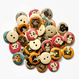 100 Cute Cat Buttons - Wooden 15mm, 3/5” - Wholesale Buttons in Bulk