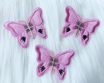 3pcs Butterflies Pink and Black Iron on - Embroidered Butterfly Badge - 6.5cm x 4.9cm