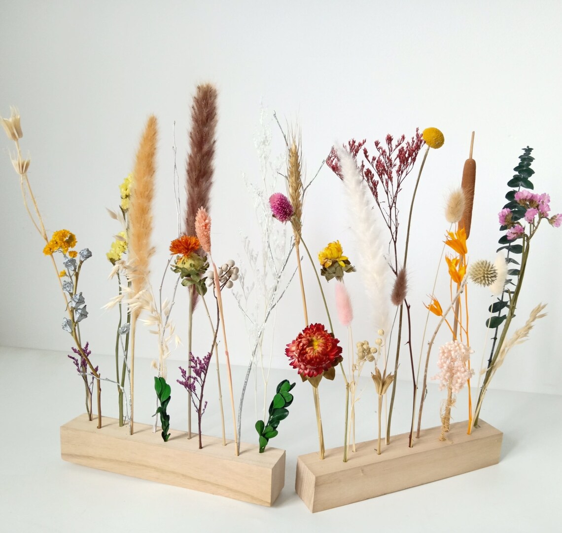 Dried Natural Flowers Wood Arrangementwooden Handicraft Etsy