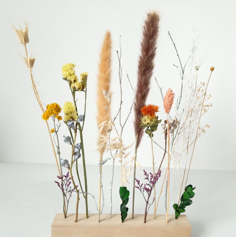 Dried Natural Flowers Wood Arrangementwooden Handicraft Etsy