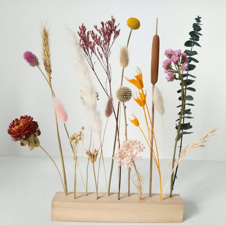 Dried Natural Flowers Wood Arrangementwooden Handicraft Etsy