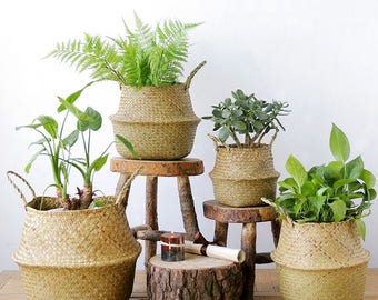 Cestino pieghevole pieghevole in erba marina naturale con manico per riporre gli oggetti, vaso per piante da fiori per applicazioni domestiche