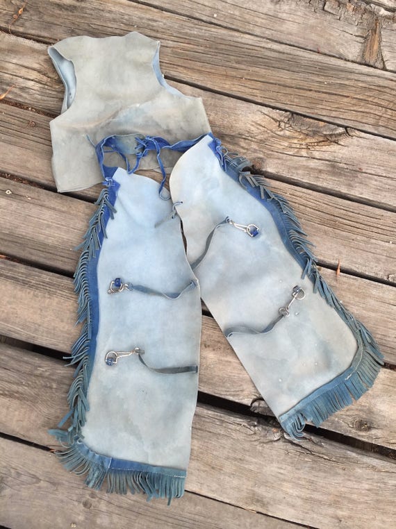 Vintage Childrens Blue Suede and Leather Chaps an… - image 2