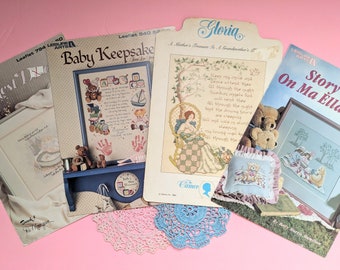 4 Cross Stitch Patterns / Booklets / Leaflets - Vintage 1980's & 1990's - Leisure Arts / Cameo - Baby - Teddy Bear - Mother / Grandmother